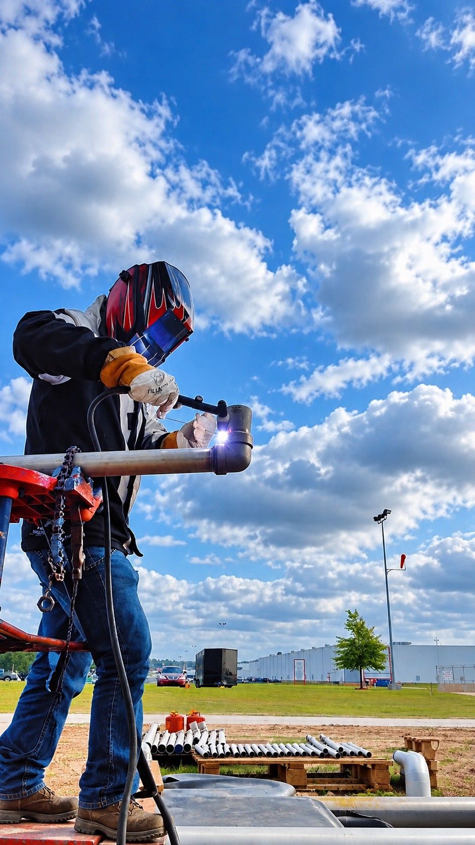 Welder working outdoors with helmet and sparks