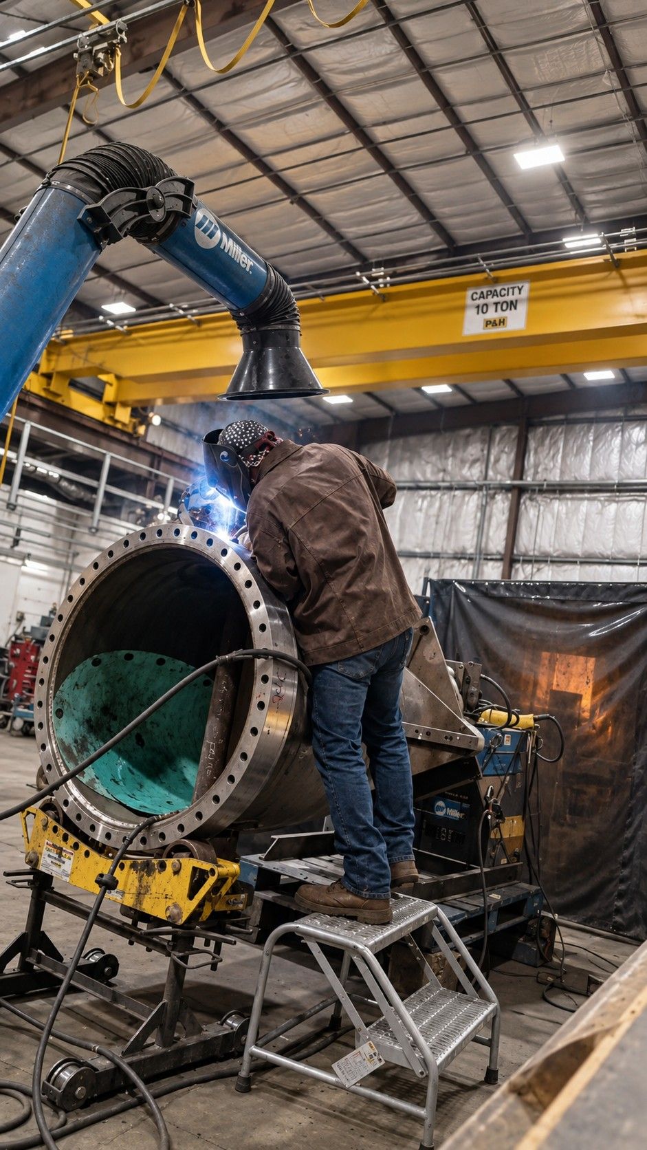 Welder working on a large-diameter flange in the shop
